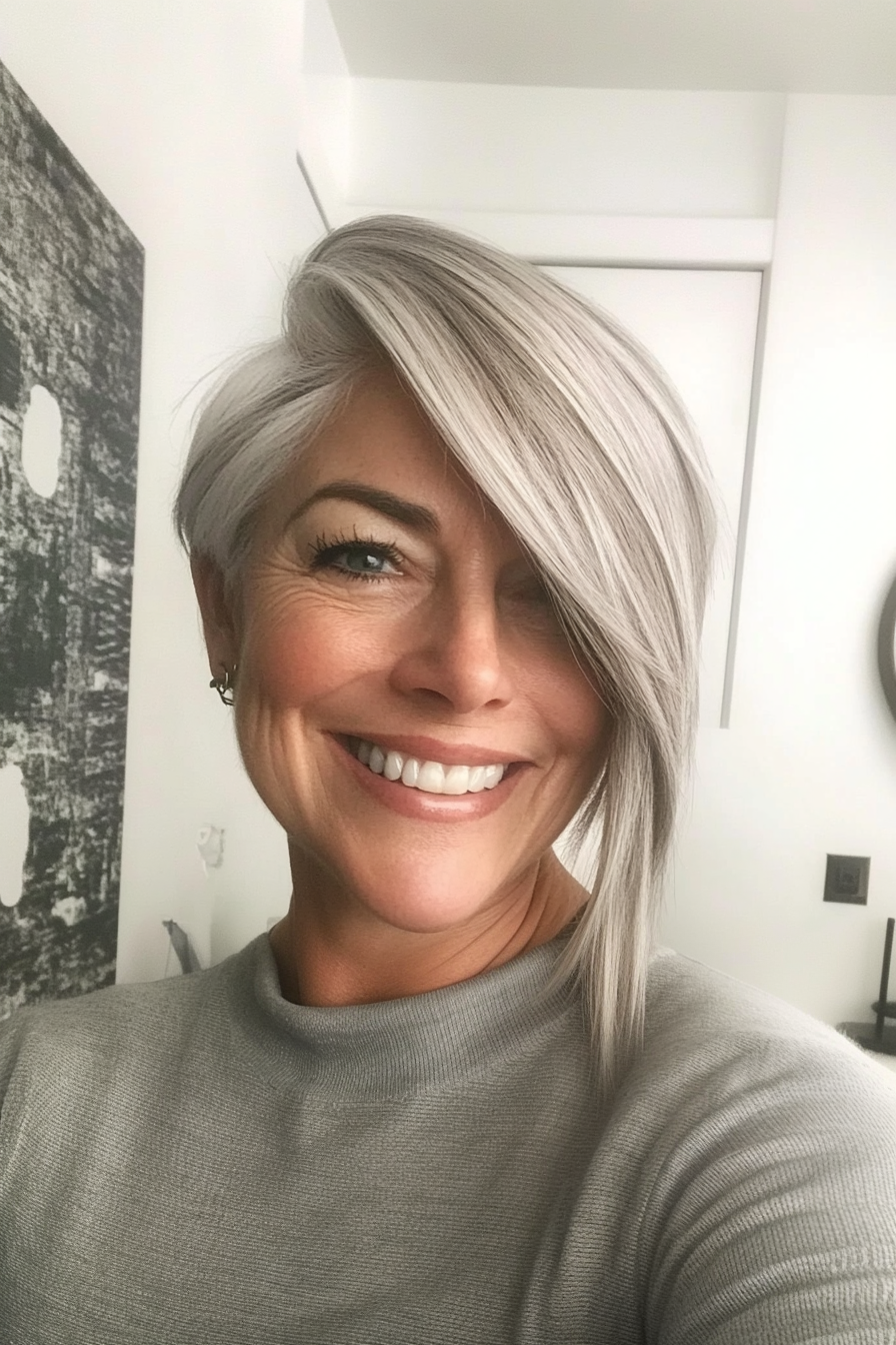 8. Side-Swept Asymmetrical Crop in Salt-and-Pepper Blend (Asymmetrical Haircuts For Older Women) - Asymmetrical Haircuts For Older Women