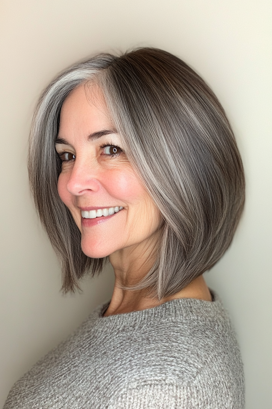 10. Inverted Bob with Subtle Gray Balayage on Dark Brown (Asymmetrical Haircuts For Older Women) - Asymmetrical Haircuts For Older Women