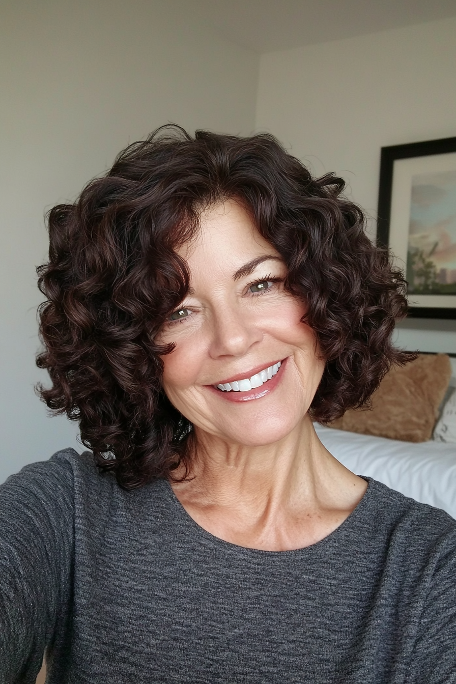 11. Curly Asymmetrical Bob in Natural Dark Brown (Asymmetrical Haircuts For Older Women) - Asymmetrical Haircuts For Older Women