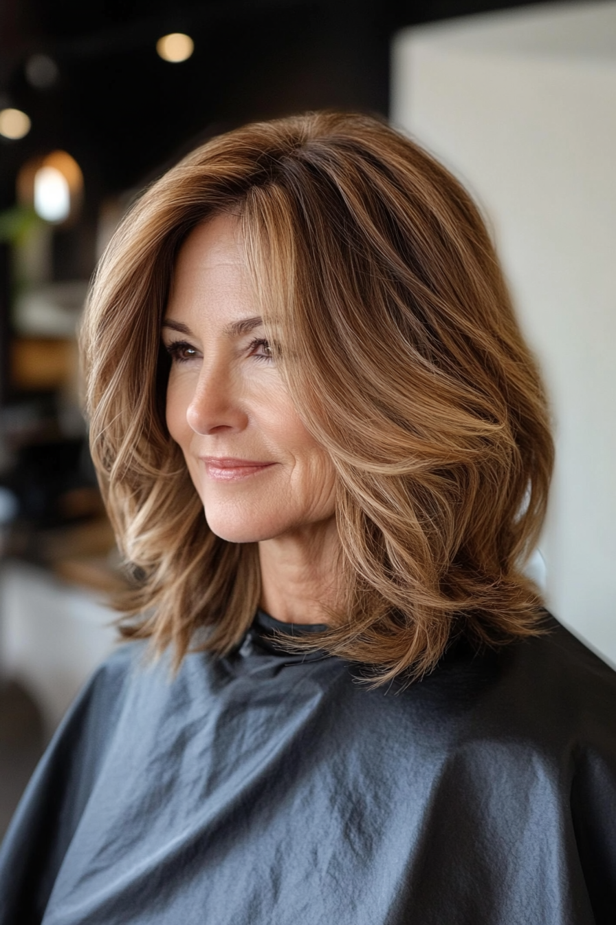 12. Wavy Asymmetrical Lob in Medium Golden Brown (Asymmetrical Haircuts For Older Women) - Asymmetrical Haircuts For Older Women