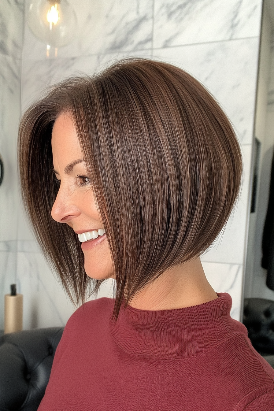 14. Sculpted Asymmetrical Bob in Deep Espresso Brown (Asymmetrical Haircuts For Older Women) - Asymmetrical Haircuts For Older Women