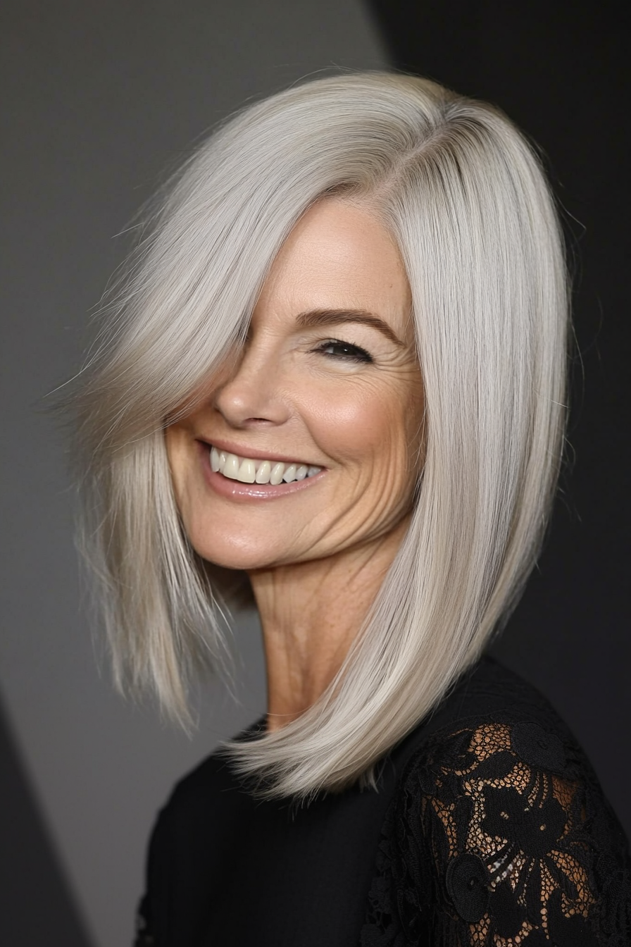 16. Side-Parted Asymmetrical Lob in Light Ash Blonde (Asymmetrical Haircuts For Older Women) - Asymmetrical Haircuts For Older Women