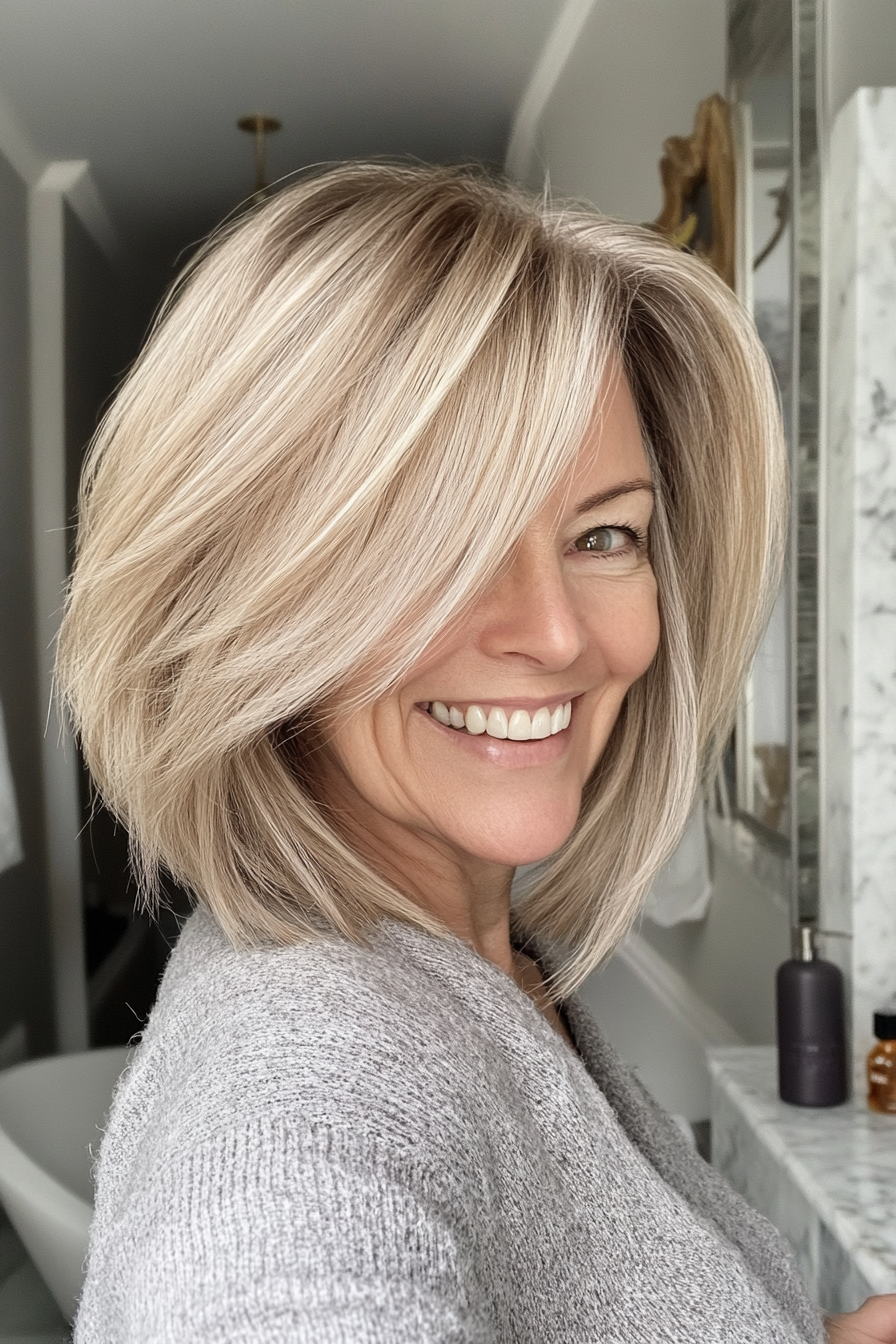 20. Layered Asymmetrical Bob in Soft Beige Blonde (Asymmetrical Haircuts For Older Women) - Asymmetrical Haircuts For Older Women