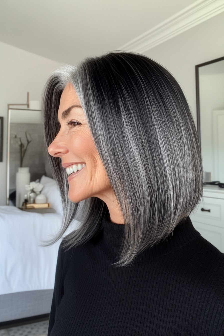 23. Side-Swept Asymmetrical Lob in Natural Black with Silver Strands (Asymmetrical Haircuts For Older Women) - Asymmetrical Haircuts For Older Women