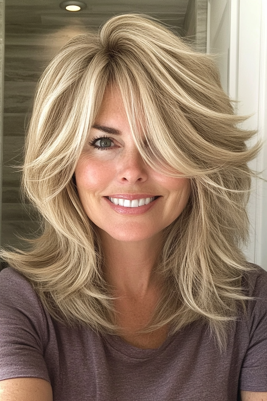 2. Feathered Shag Cut with Sandy Blonde Highlights (Classy Haircuts For Women Over 40) - Classy Haircuts For Women Over 40