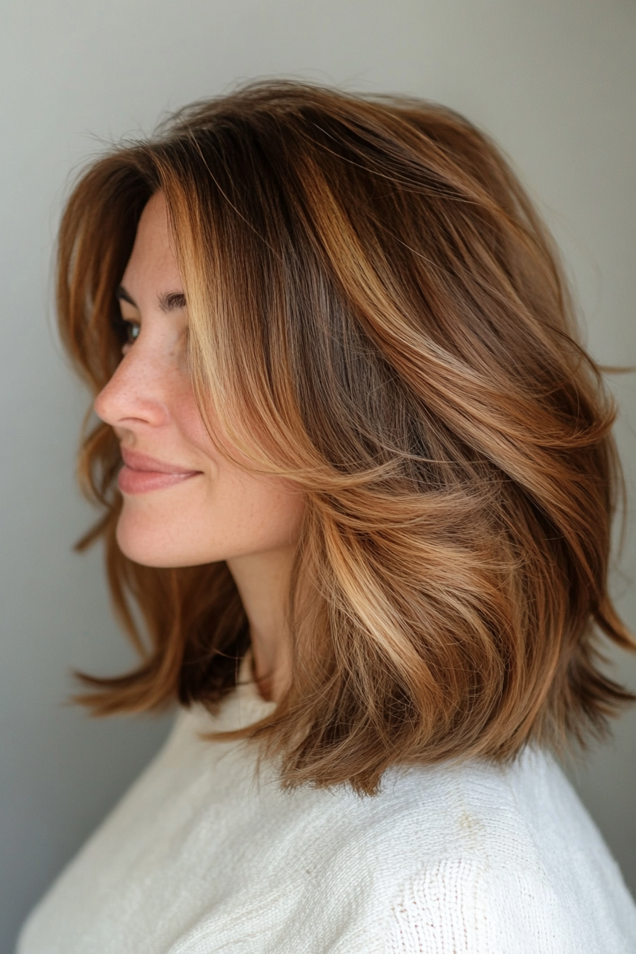 5. Layered Lob with Caramel Brown Balayage (Classy Haircuts For Women Over 40) - Classy Haircuts For Women Over 40