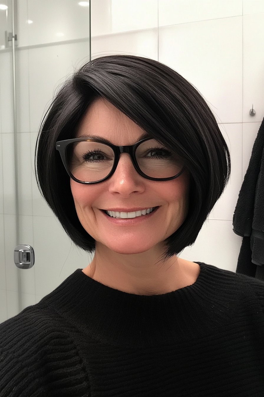 6. Classic French Bob with Jet Black Sheen (Classy Haircuts For Women Over 40) - Classy Haircuts For Women Over 40