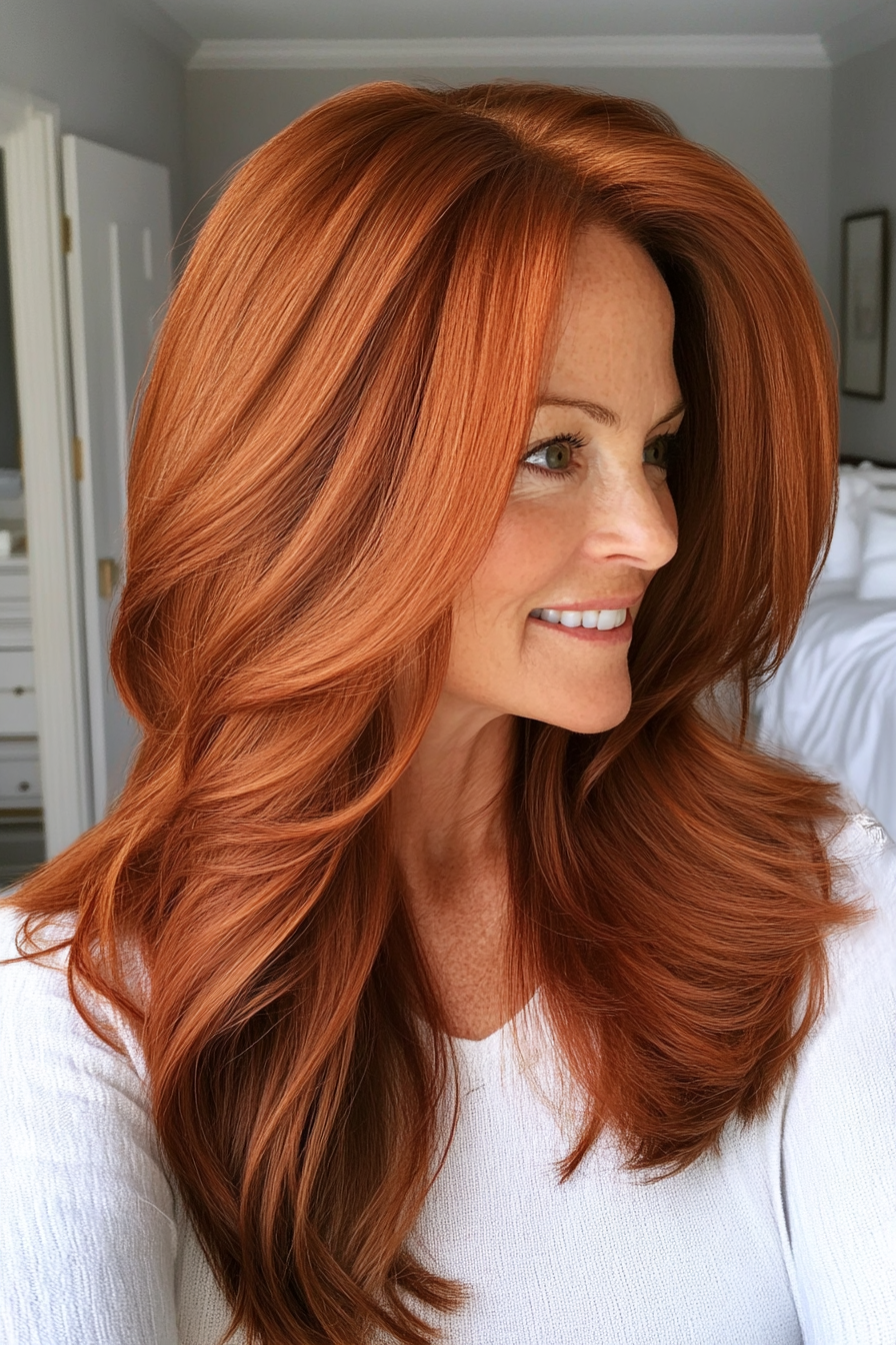 8. Side-Parted Long Layers in Warm Auburn (Classy Haircuts For Women Over 40) - Classy Haircuts For Women Over 40