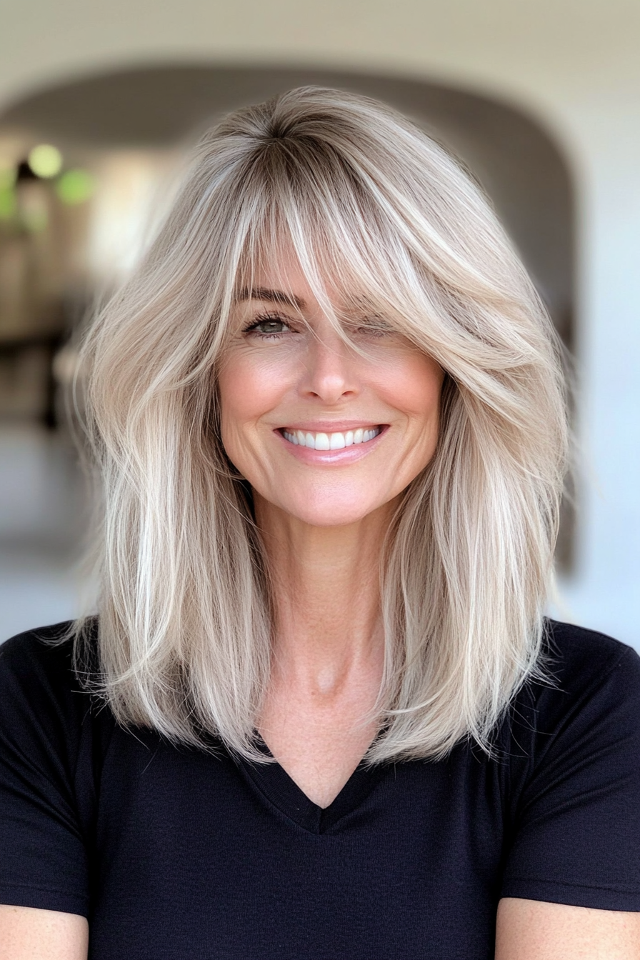 14. Wispy Bangs with Medium-Length Ash Blonde Hair (Classy Haircuts For Women Over 40) - Classy Haircuts For Women Over 40