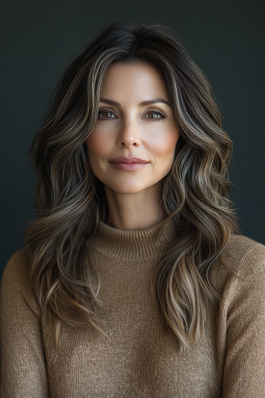 15. Wavy Mid-Length Cut with Cocoa Brown Dimension (Classy Haircuts For Women Over 40) - Classy Haircuts For Women Over 40