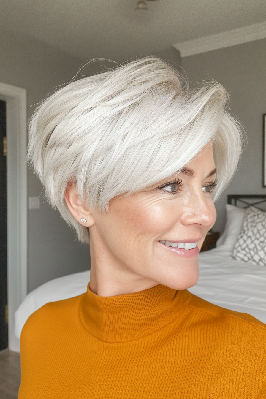 16. Textured Pixie with Soft White Blonde Hue (Classy Haircuts For Women Over 40) - Classy Haircuts For Women Over 40