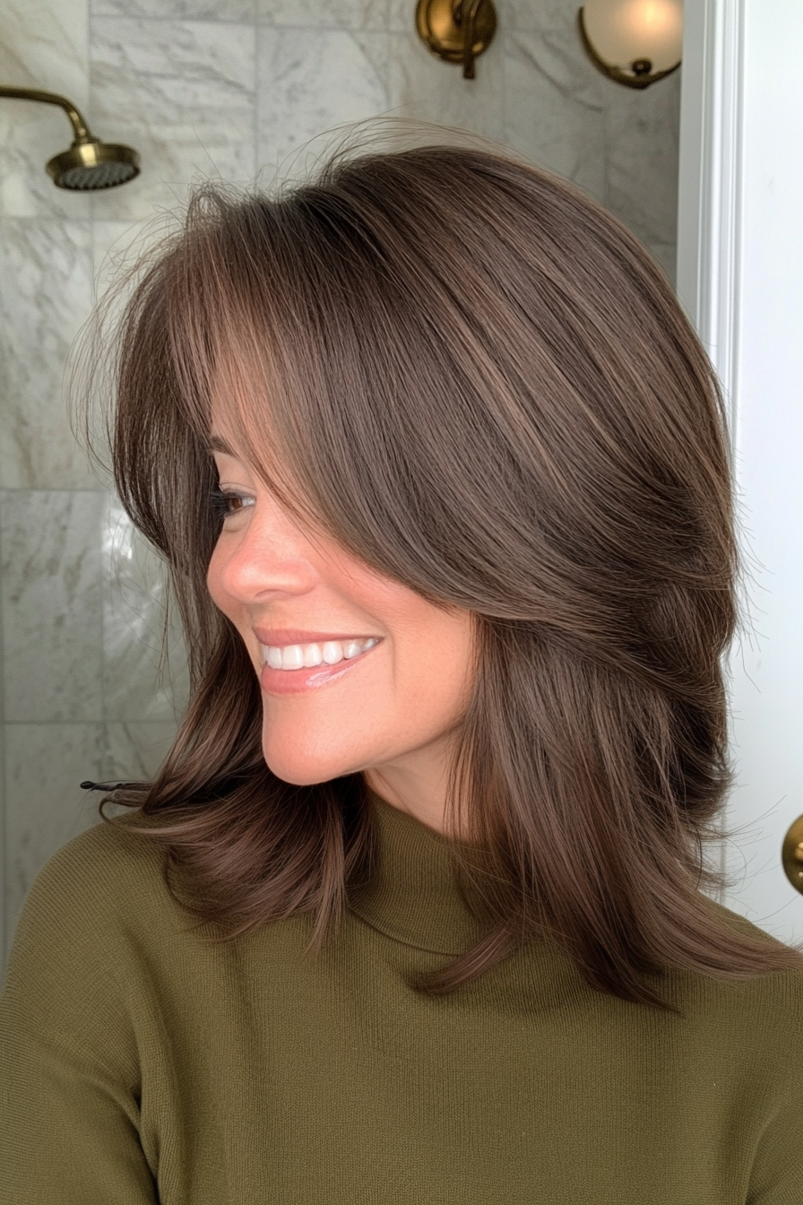 17. Long Bob with Side Bangs in Mocha Brown (Classy Haircuts For Women Over 40) - Classy Haircuts For Women Over 40