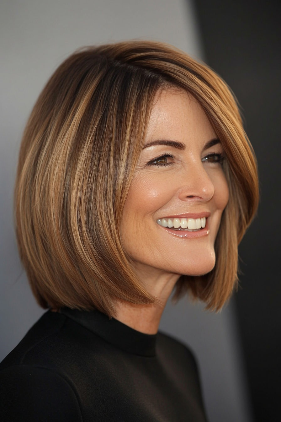 18. Angled Cut with Light Golden Brown Strands (Classy Haircuts For Women Over 40) - Classy Haircuts For Women Over 40