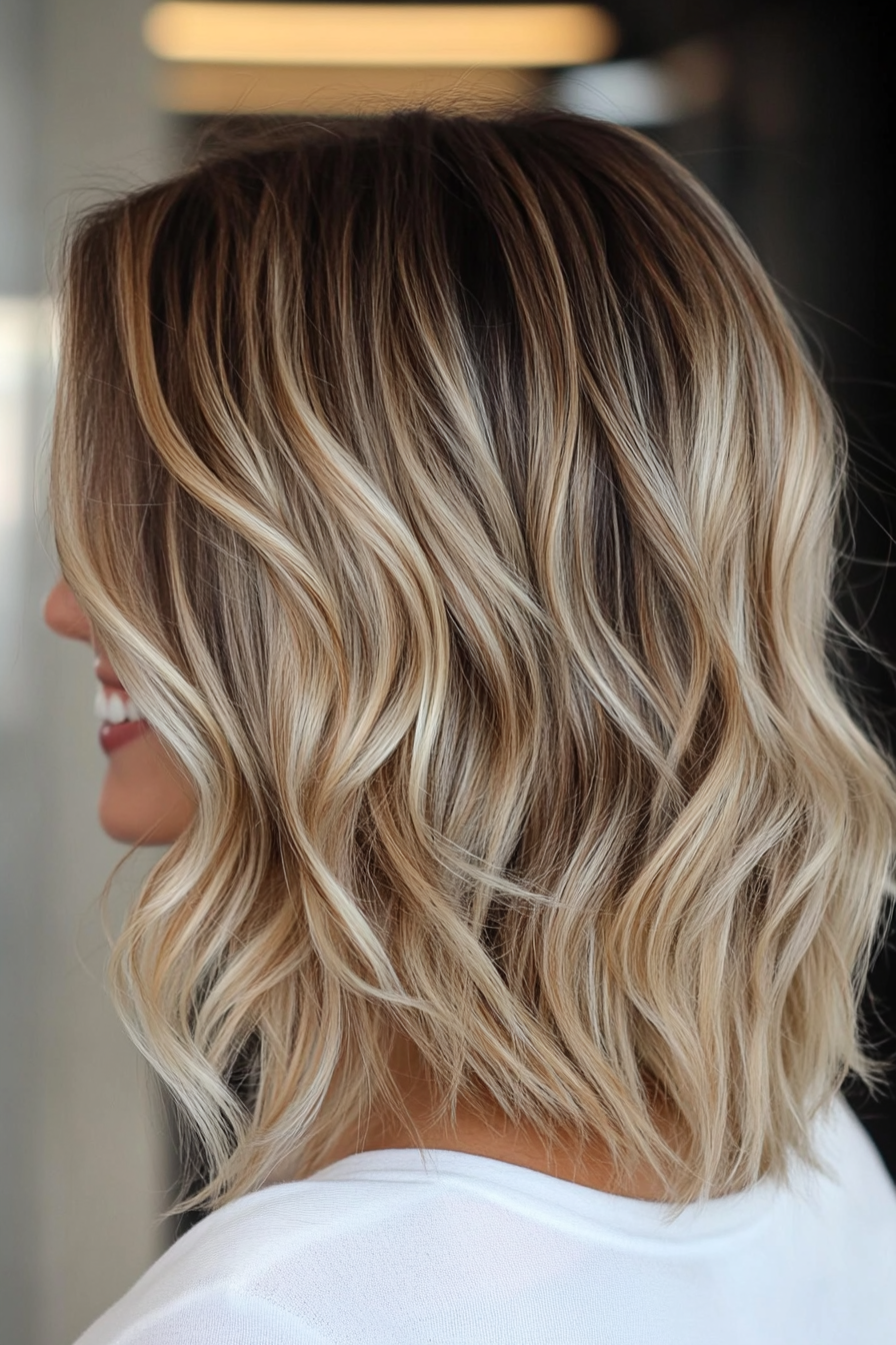 21. Tousled Wavy Lob with Dark Blonde Layers (Classy Haircuts For Women Over 40) - Classy Haircuts For Women Over 40