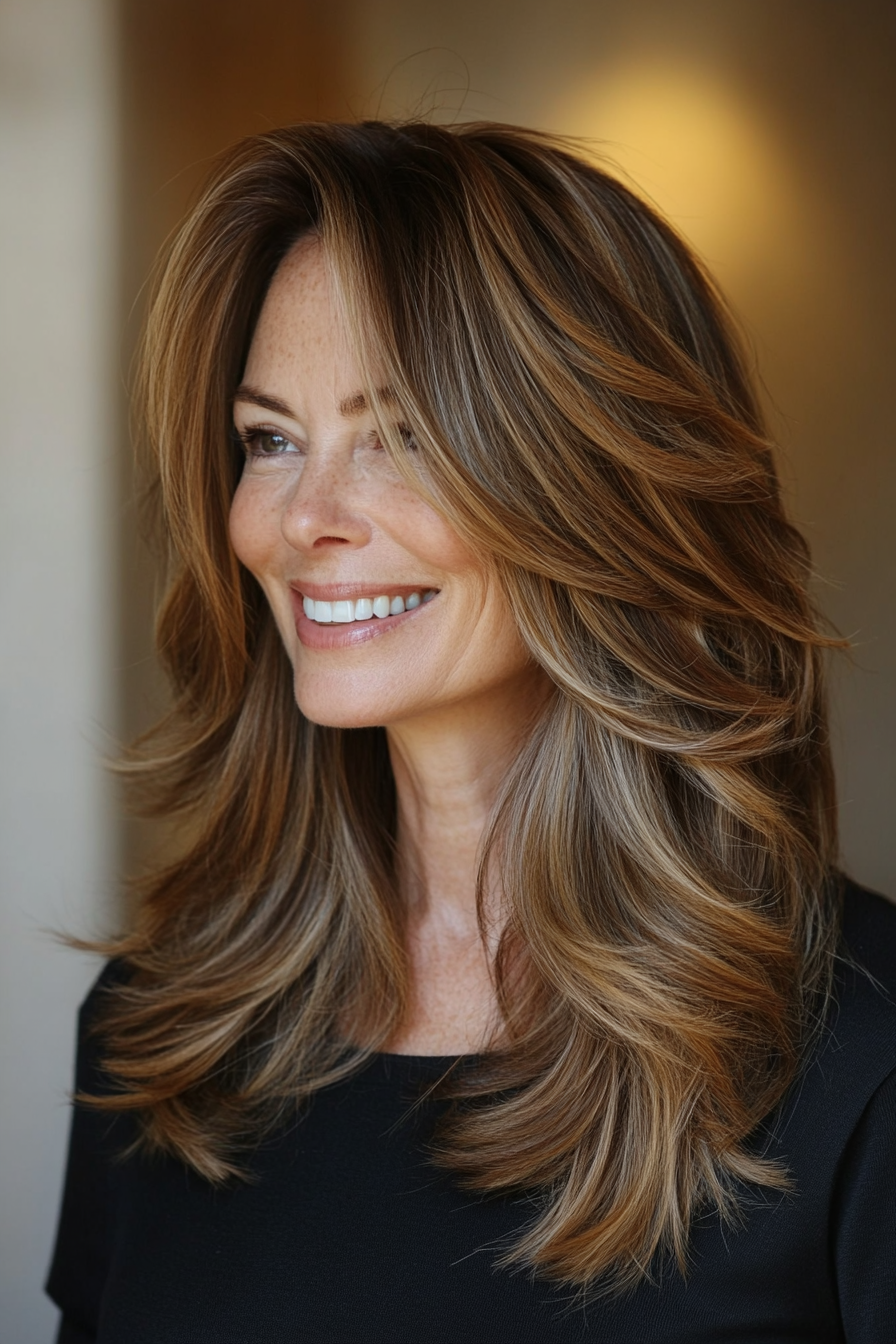 22. Layered Cut with Subtle Highlights in Medium Brown (Classy Haircuts For Women Over 40) - Classy Haircuts For Women Over 40