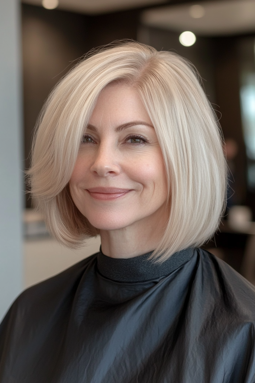 23. Side-Swept Mid-Length Bob with Beige Blonde Shine (Classy Haircuts For Women Over 40) - Classy Haircuts For Women Over 40