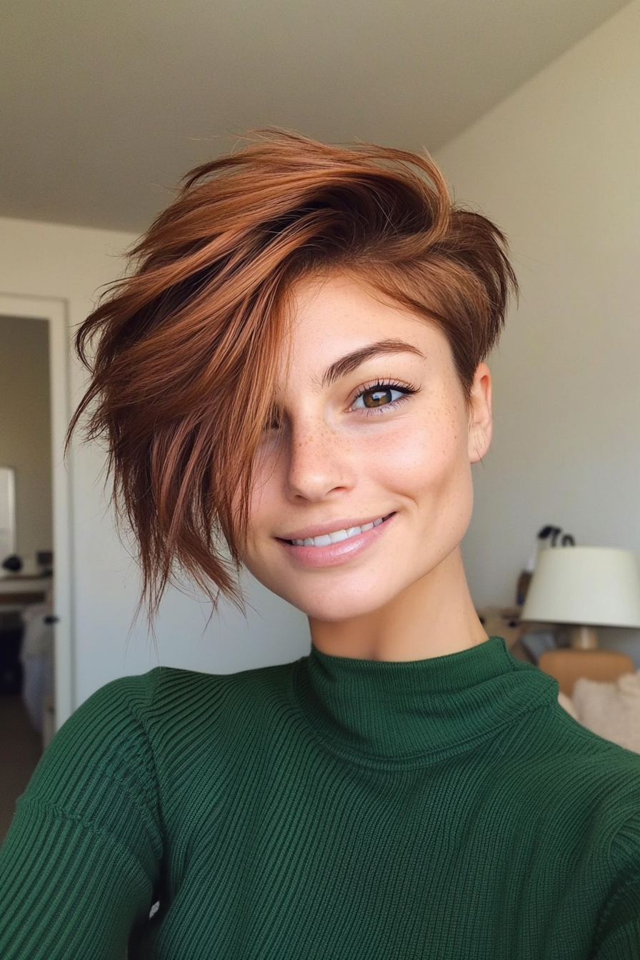 13. Chestnut Faux Hawk with Feathered Fringe (Faux Hawk Haircuts For Women) - Faux Hawk Haircuts For Women