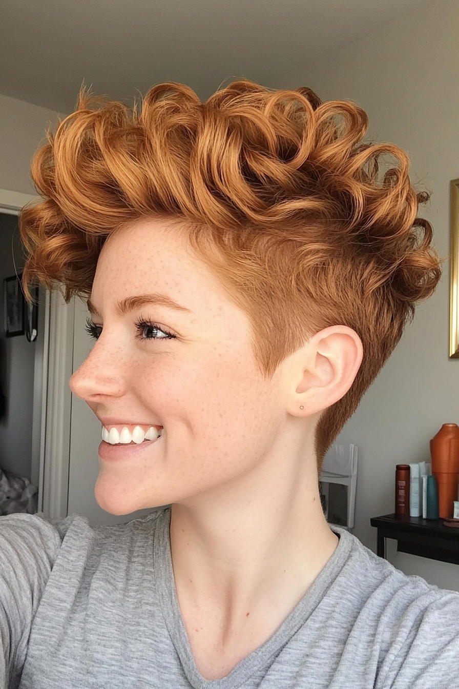 20. Golden Brown Faux Hawk with Crown Curls (Faux Hawk Haircuts For Women) - Faux Hawk Haircuts For Women