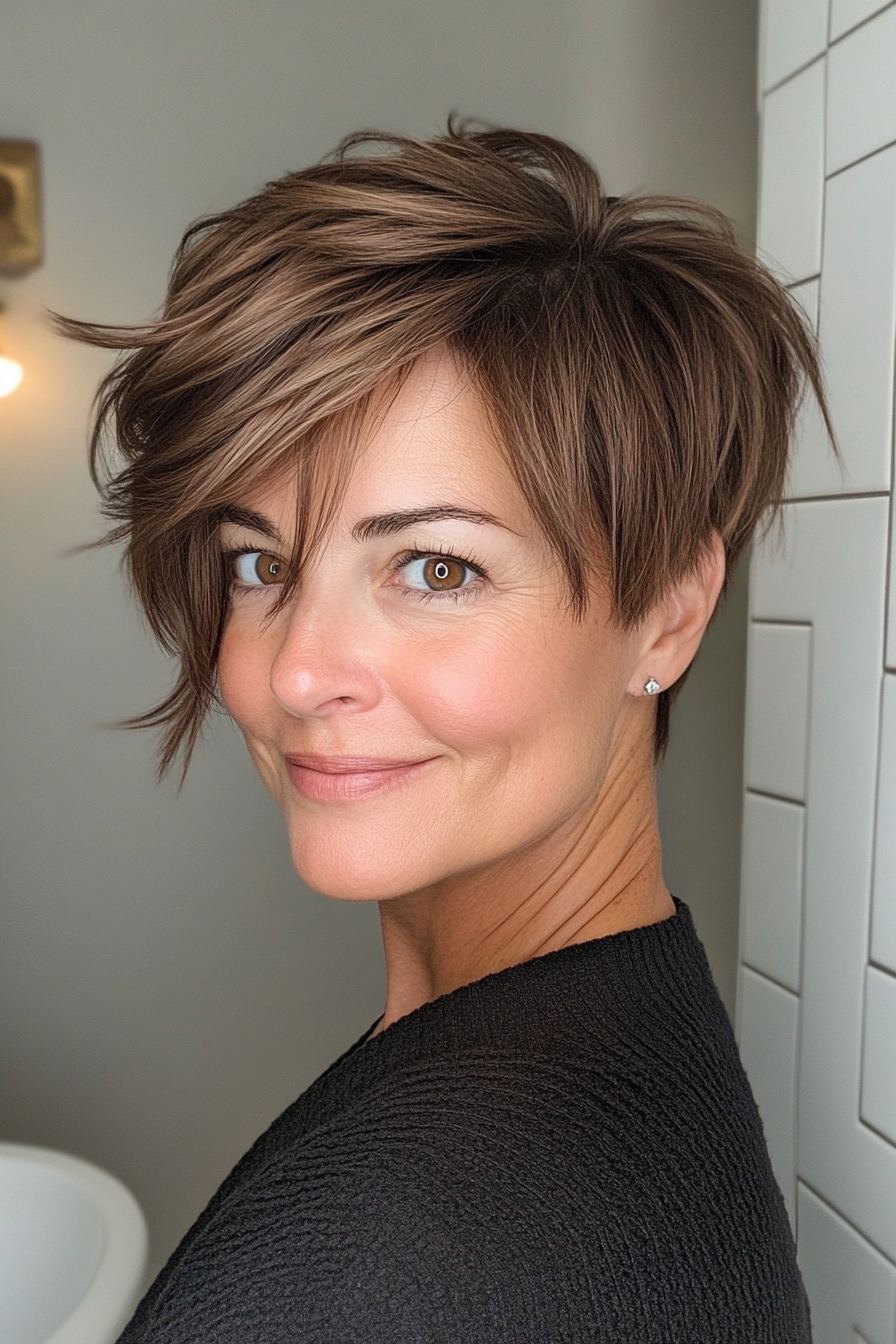 2. Ash Brown Asymmetrical Pixie (Funky Haircuts For Women Over 50) - Funky Haircuts For Women Over 50