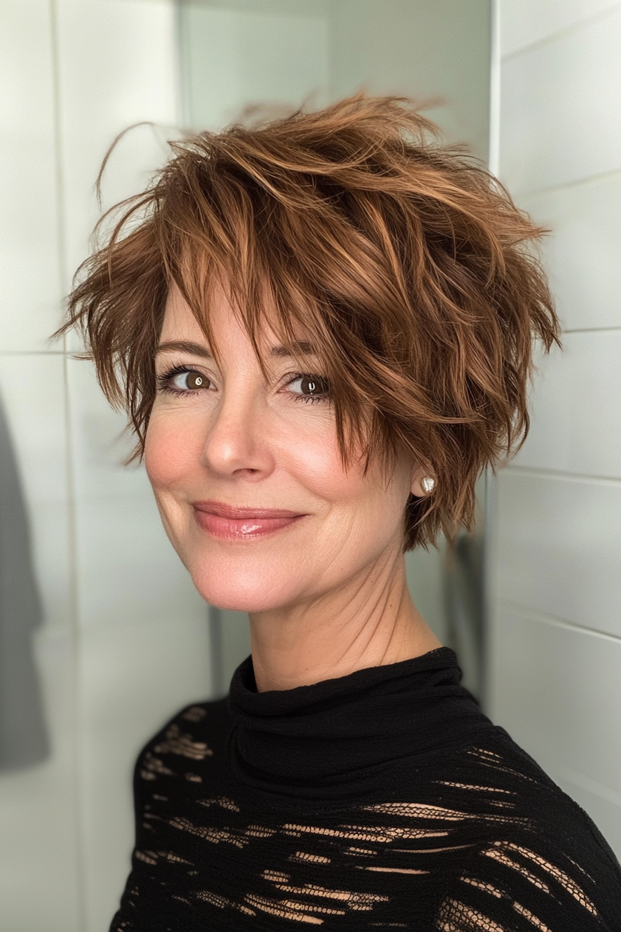 3. Layered Chestnut Crop with Tousled Texture (Funky Haircuts For Women Over 50) - Funky Haircuts For Women Over 50
