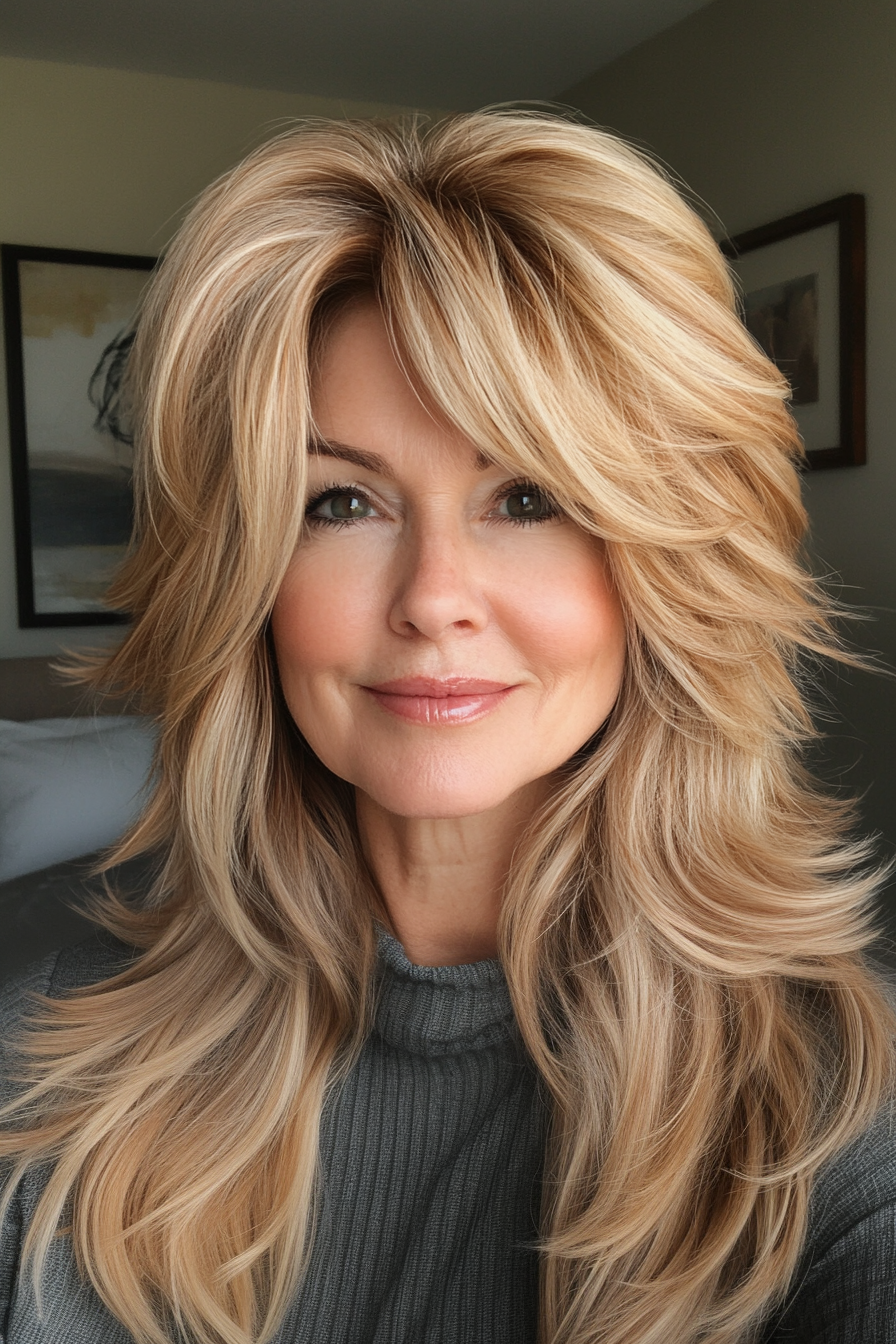 8. Caramel Feathered Shag (Funky Haircuts For Women Over 50) - Funky Haircuts For Women Over 50