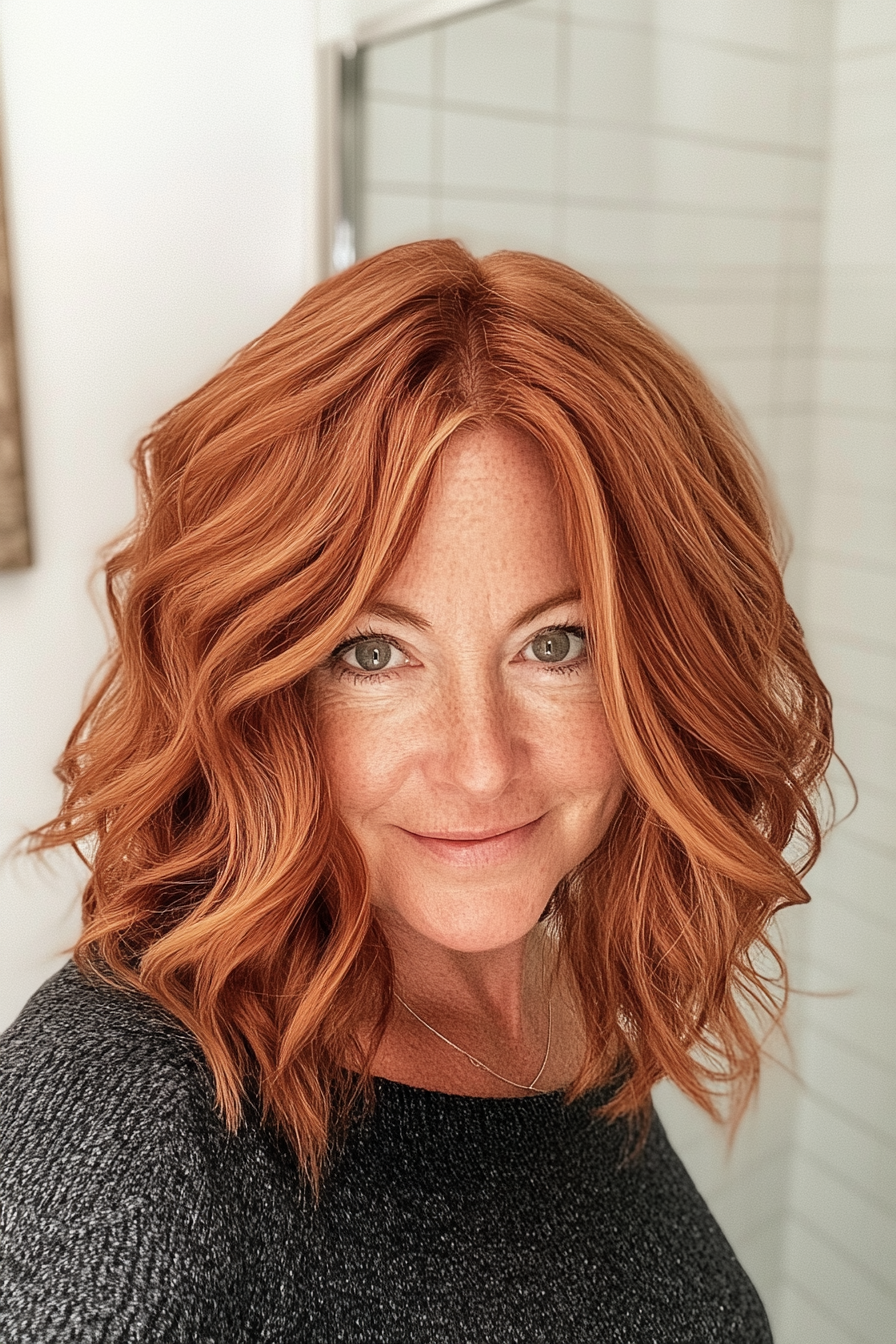 10. Warm Auburn Wavy Lob with Uneven Ends (Funky Haircuts For Women Over 50) - Funky Haircuts For Women Over 50