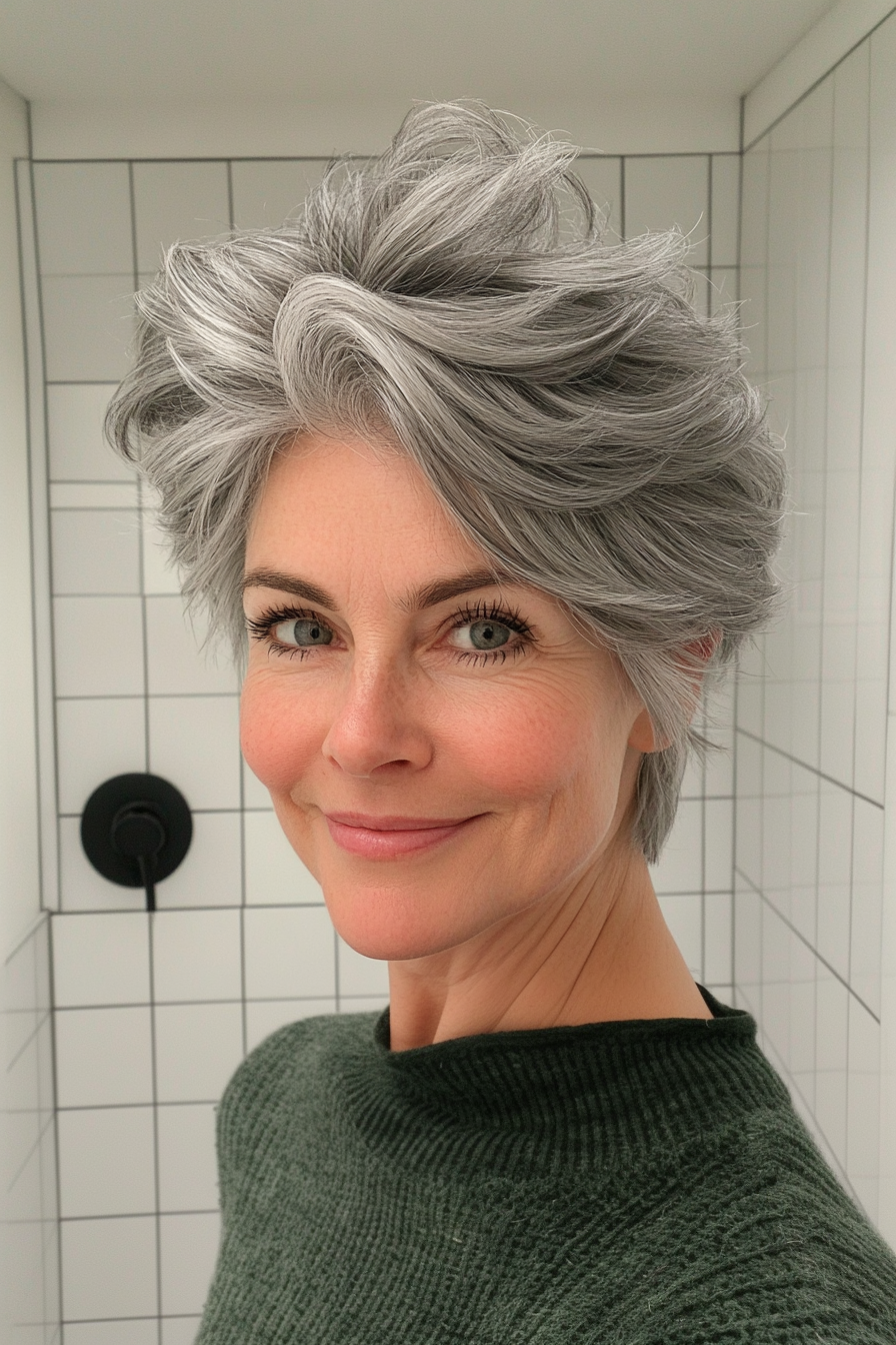 19. Gray Layered Pixie with Voluminous Crown (Funky Haircuts For Women Over 50) - Funky Haircuts For Women Over 50