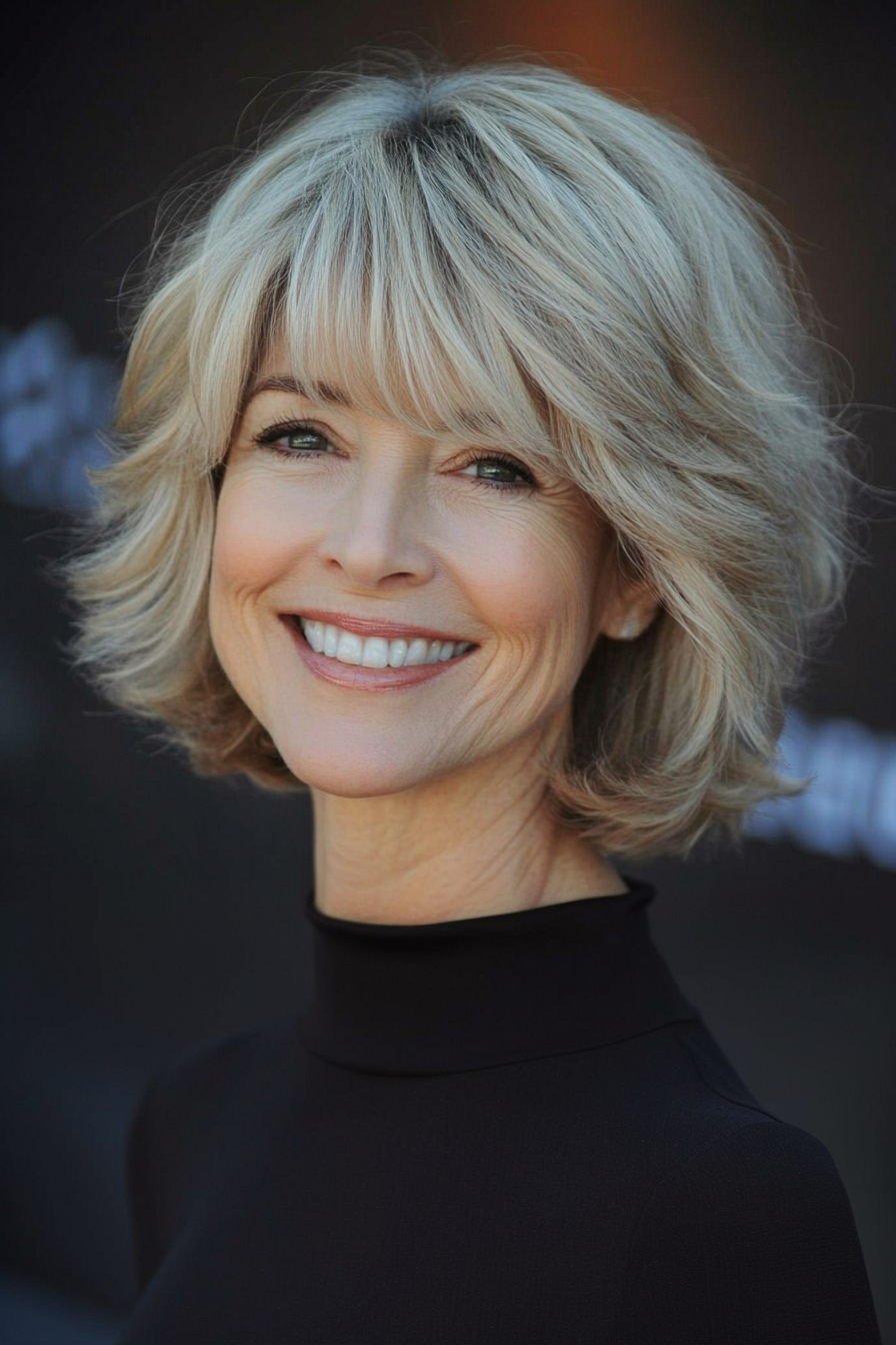 21. Soft Blonde Layered Crop with Curtain Bangs (Funky Haircuts For Women Over 50) - Funky Haircuts For Women Over 50