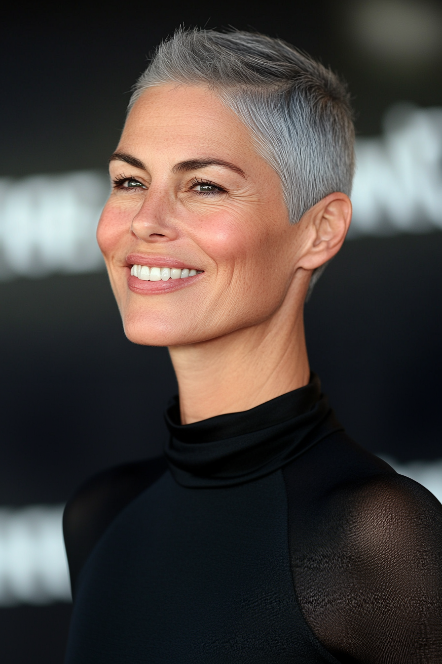 24. Natural Gray Sculpted Buzz Cut (Funky Haircuts For Women Over 50) - Funky Haircuts For Women Over 50