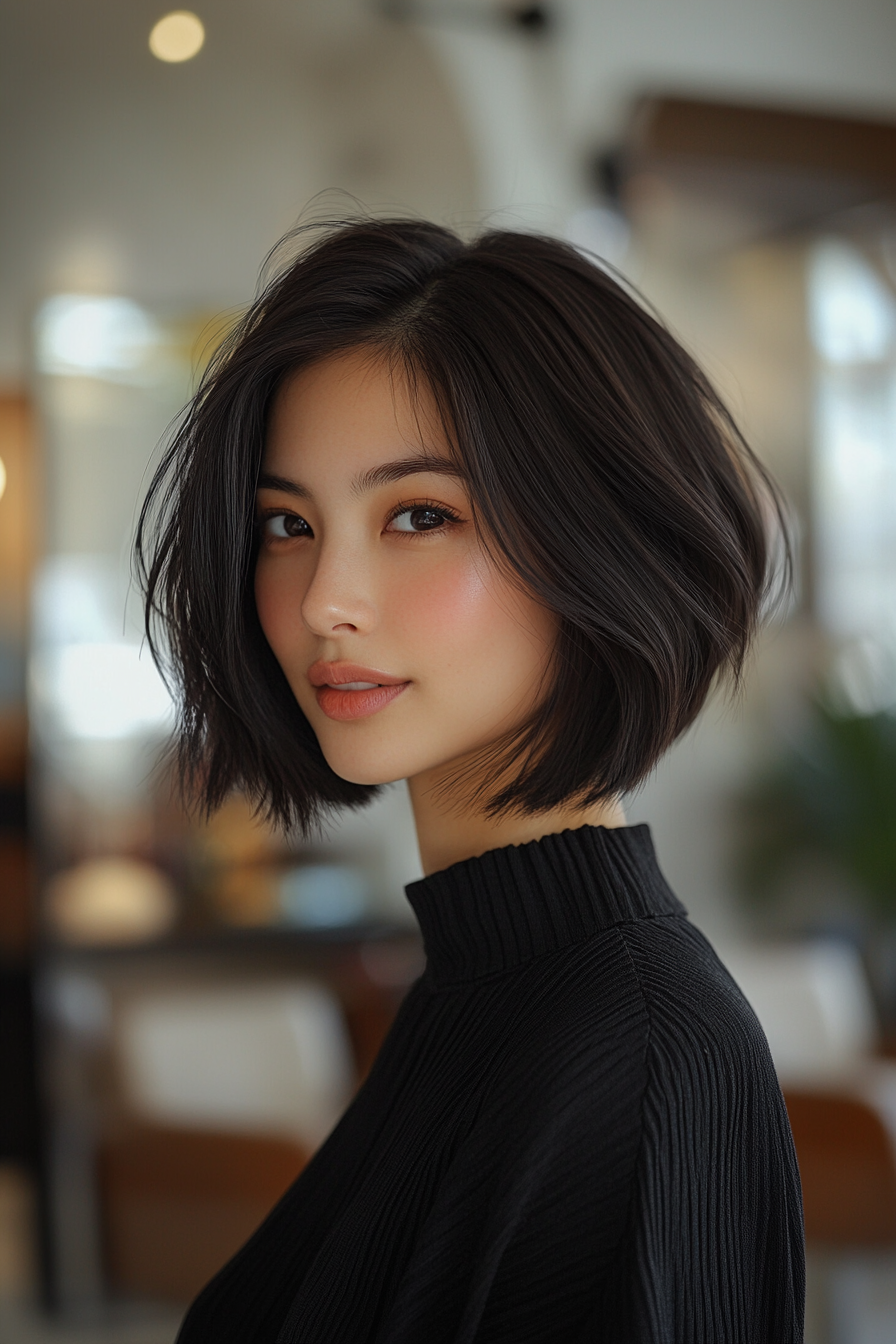 3. Layered French Bob in Natural Black (Hairstyles For Short Hair) - Hairstyles For Short Hair