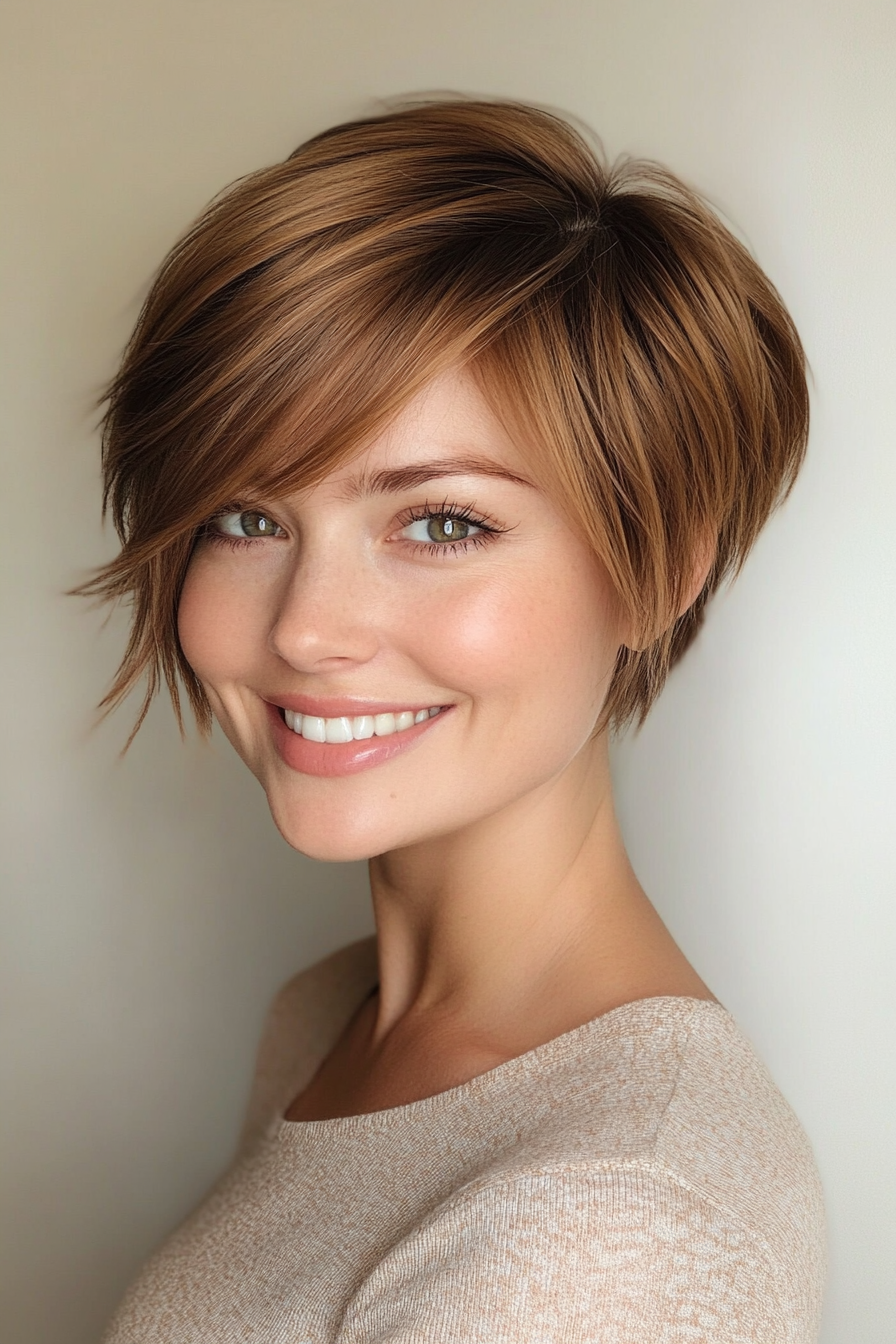 8. Side-Swept Pixie in Warm Caramel Brown (Hairstyles For Short Hair) - Hairstyles For Short Hair
