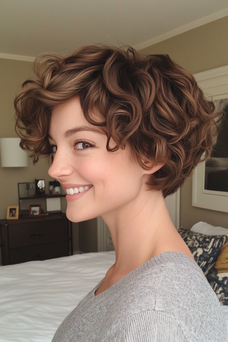 24. Layered Curly Pixie in Soft Brown (Hairstyles For Short Hair) - Hairstyles For Short Hair