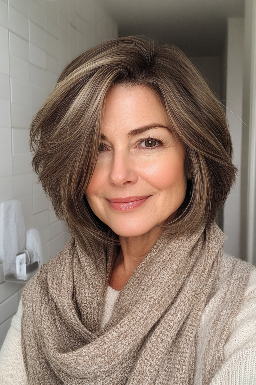 1. Soft Layered Bob with Ash Brown Tones (Medium Bob Haircuts For Women Over 60) - Medium Bob Haircuts For Women Over 60