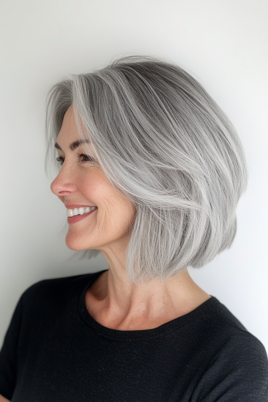 3. Feathered Bob with Silver Gray Shine (Medium Bob Haircuts For Women Over 60) - Medium Bob Haircuts For Women Over 60