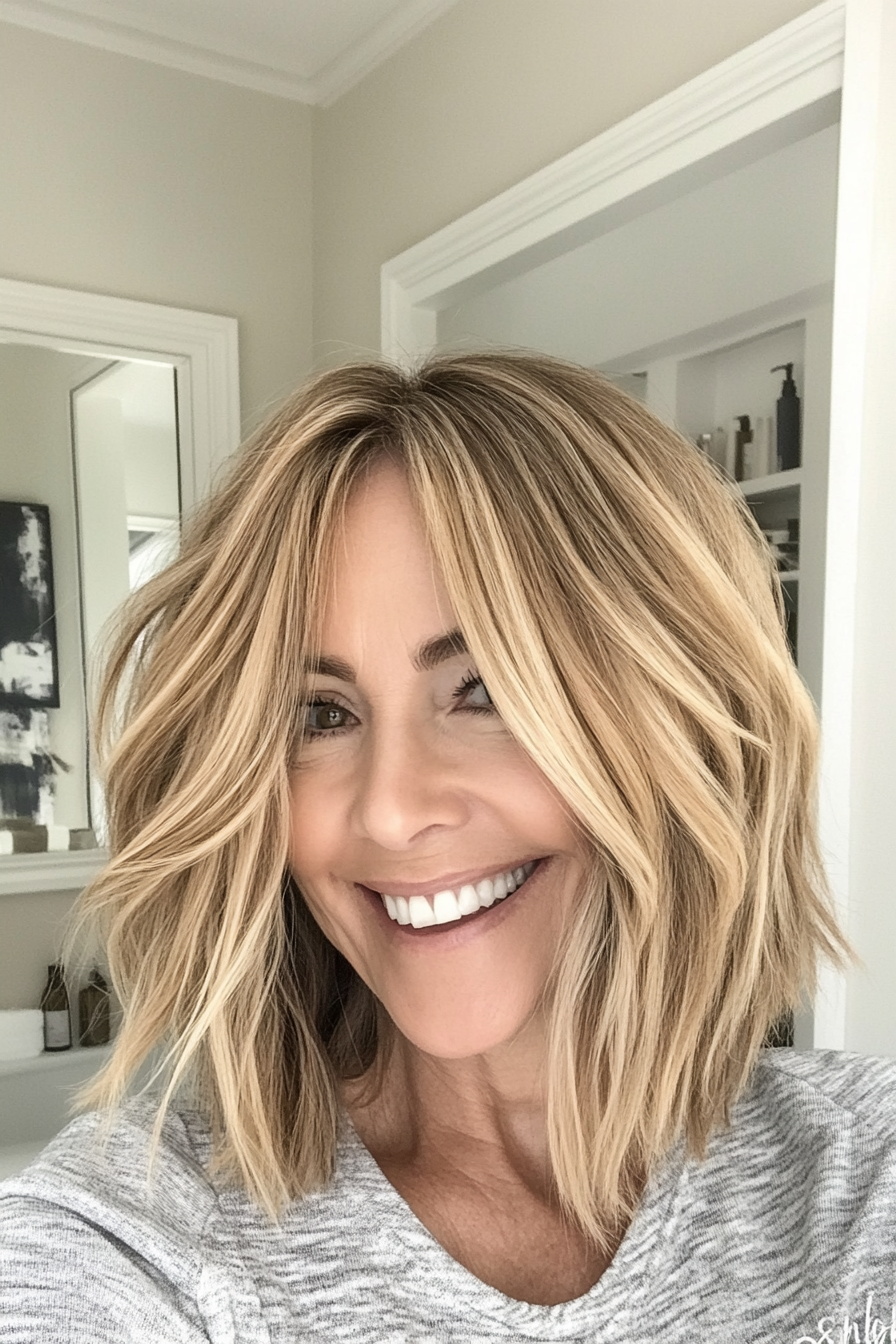 5. Textured Bob with Golden Blonde Highlights (Medium Bob Haircuts For Women Over 60) - Medium Bob Haircuts For Women Over 60