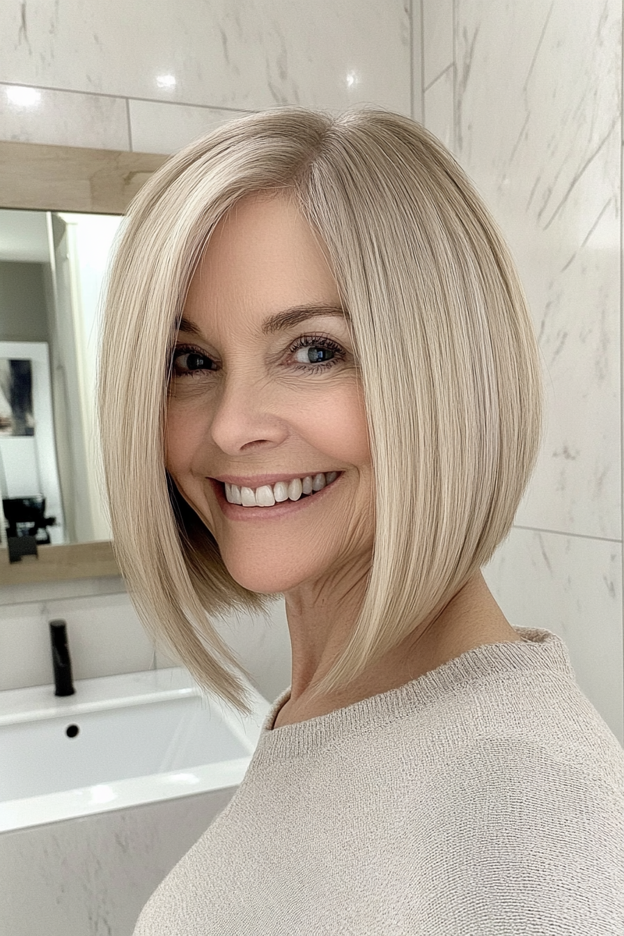 6. Angled Bob with Sandy Blonde (Medium Bob Haircuts For Women Over 60) - Medium Bob Haircuts For Women Over 60
