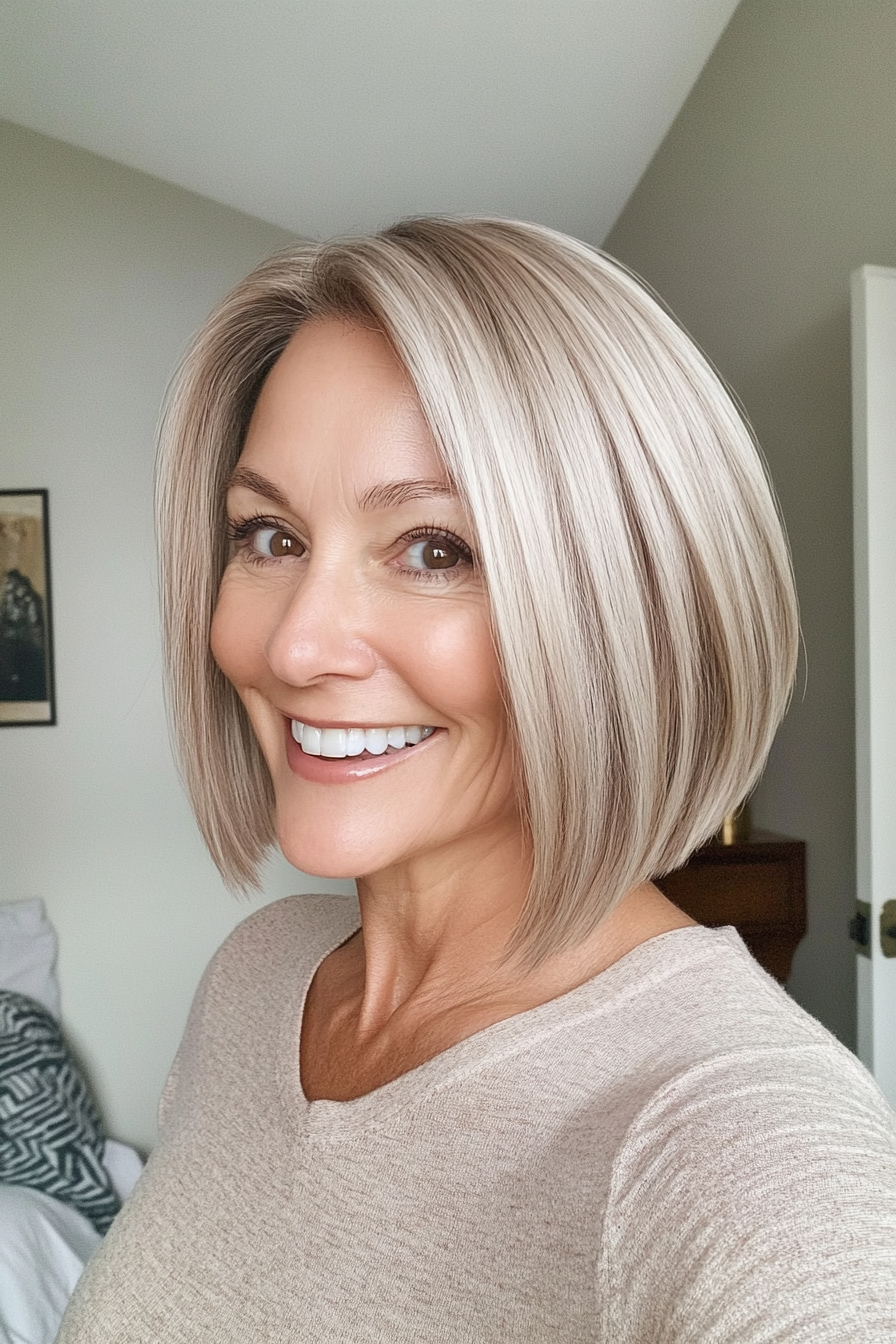 12. Layered Bob with Cool Beige Tones (Medium Bob Haircuts For Women Over 60) - Medium Bob Haircuts For Women Over 60