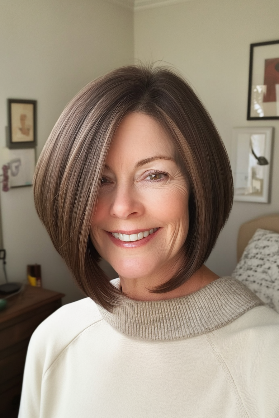 13. Side-Parted Bob with Natural Brunette (Medium Bob Haircuts For Women Over 60) - Medium Bob Haircuts For Women Over 60
