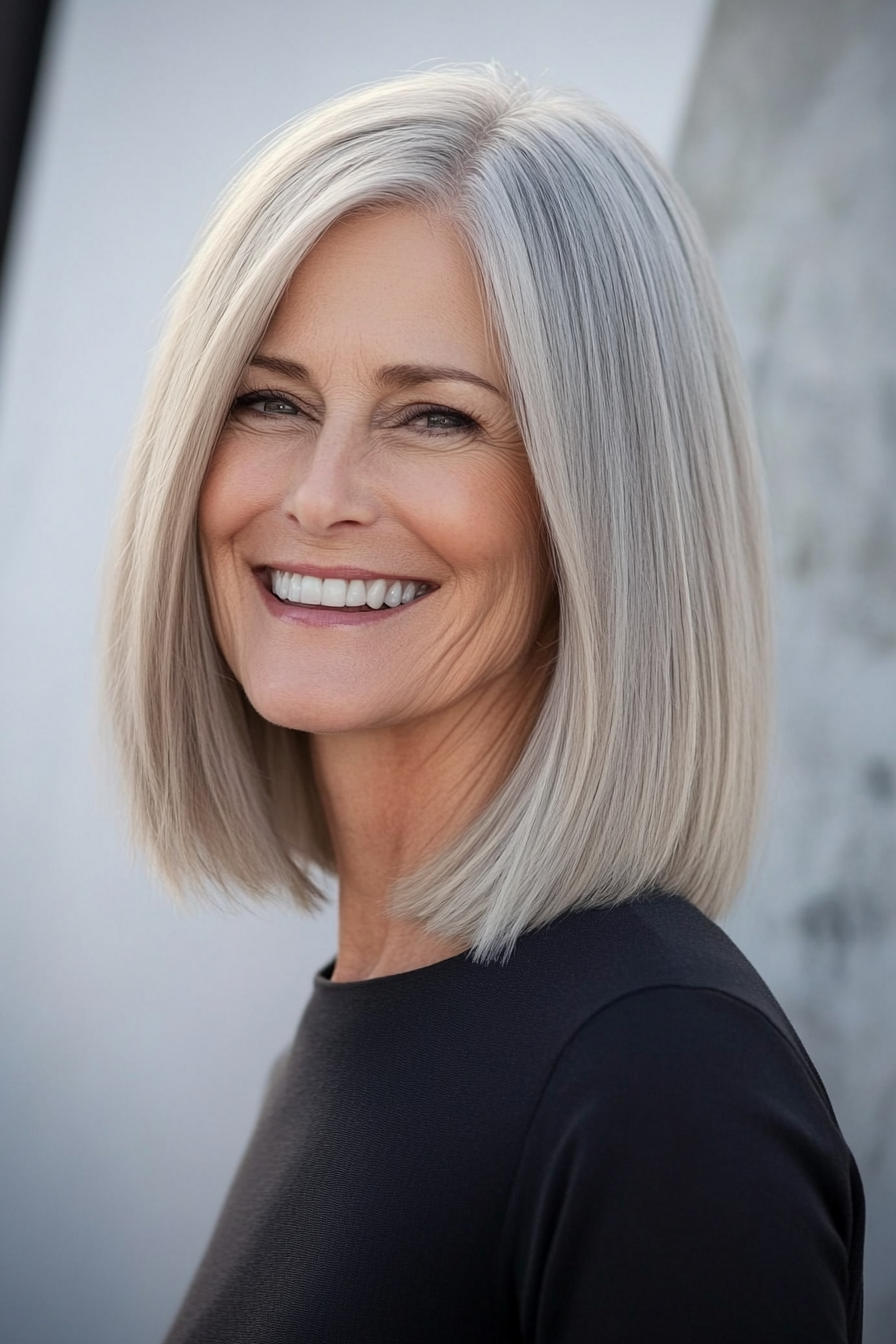 15. Straight-Cut Bob with Ash Blonde (Medium Bob Haircuts For Women Over 60) - Medium Bob Haircuts For Women Over 60