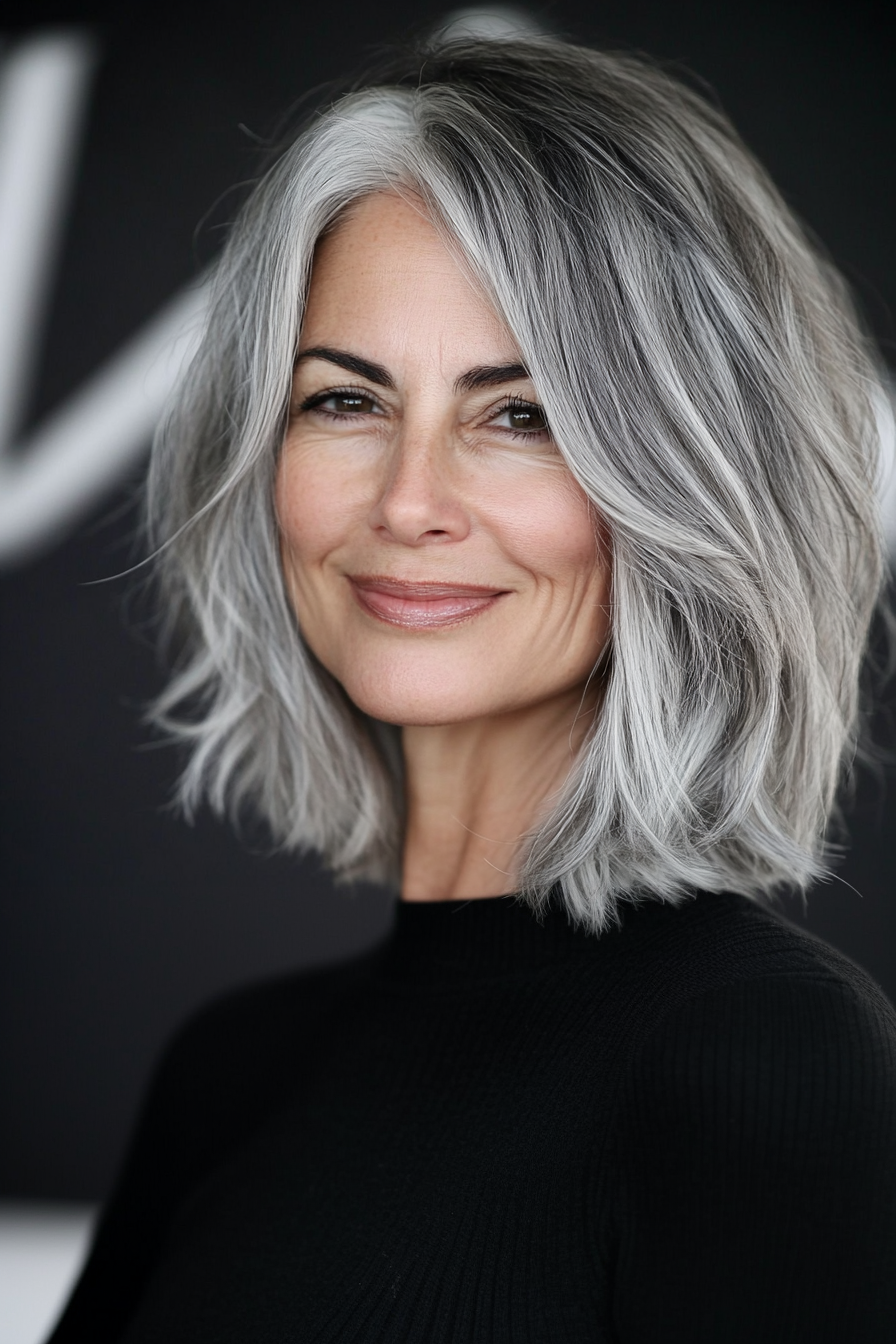 17. Tousled Bob with Gray and White Mix (Medium Bob Haircuts For Women Over 60) - Medium Bob Haircuts For Women Over 60