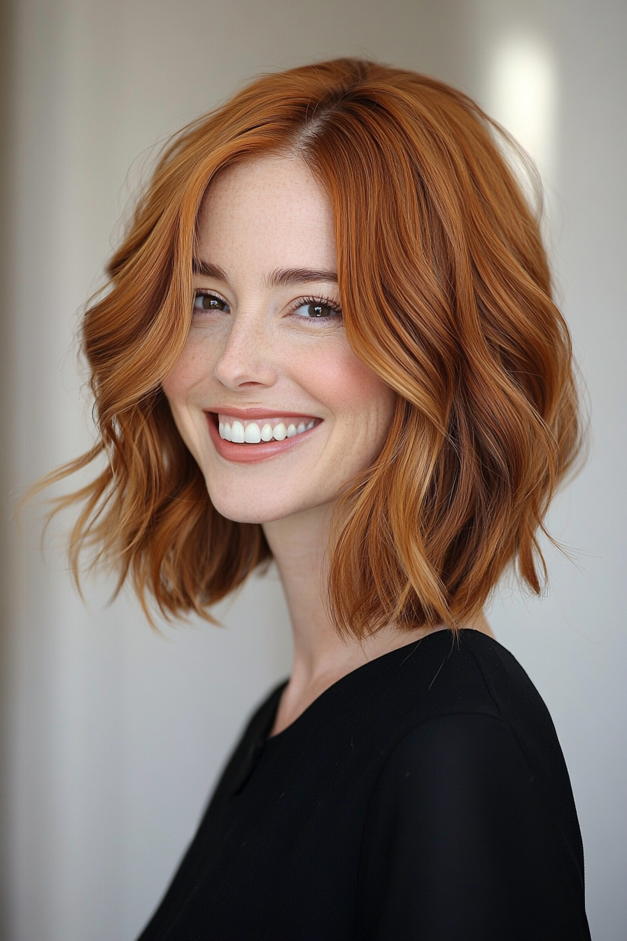 20. Wavy Medium Bob with Copper Brown (Medium Bob Haircuts For Women Over 60) - Medium Bob Haircuts For Women Over 60