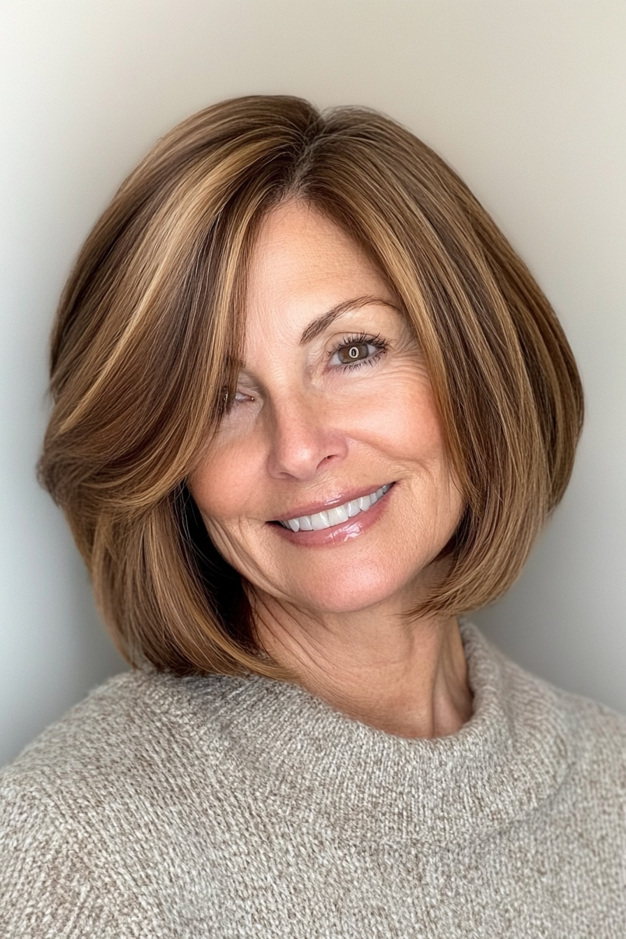 22. Step-Layer Bob in Caramel Brown (Medium Bob Haircuts For Women Over 60) - Medium Bob Haircuts For Women Over 60