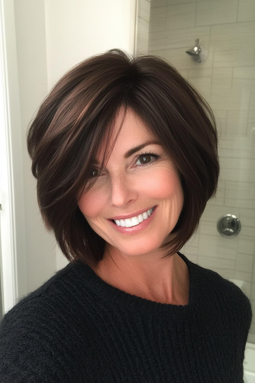 23. Side Bang Bob with Deep Brunette (Medium Bob Haircuts For Women Over 60) - Medium Bob Haircuts For Women Over 60