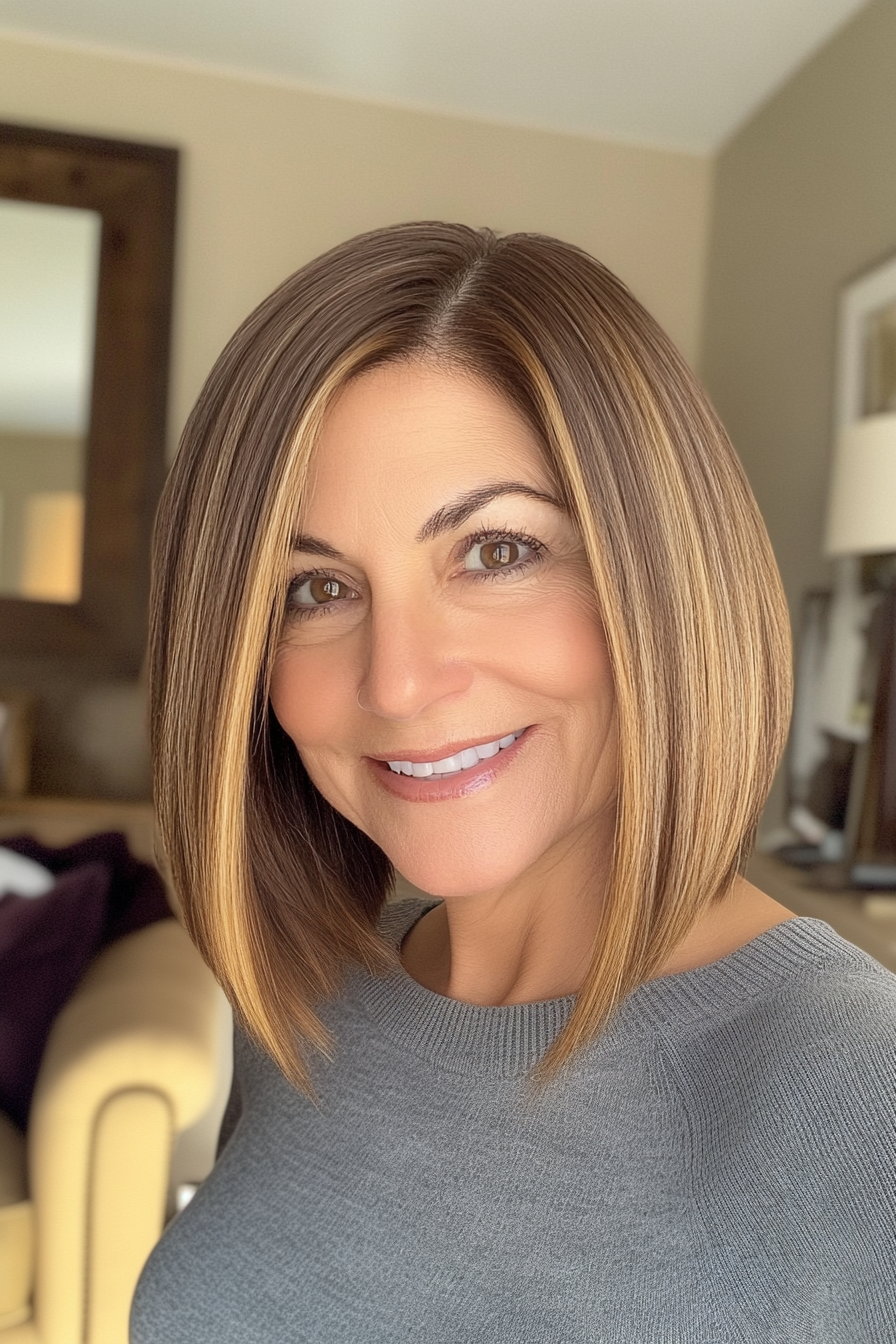 24. Angled Lob with Golden Brown (Medium Bob Haircuts For Women Over 60) - Medium Bob Haircuts For Women Over 60