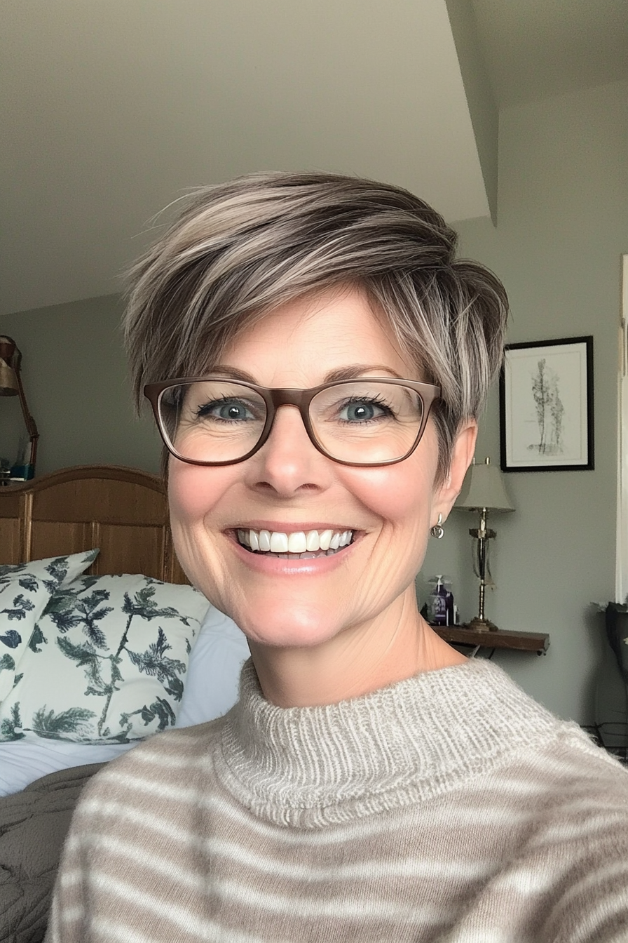 1. Feathered Ash Pixie (Pixie Haircuts For Women Over 50 With Glasses) - Pixie Haircuts For Women Over 50 With Glasses