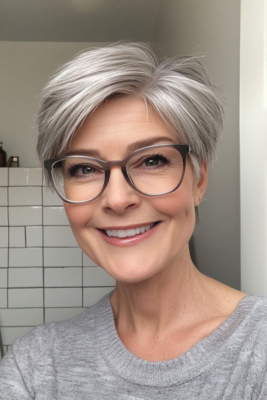 2. Layered Silver Crop (Pixie Haircuts For Women Over 50 With Glasses) - Pixie Haircuts For Women Over 50 With Glasses