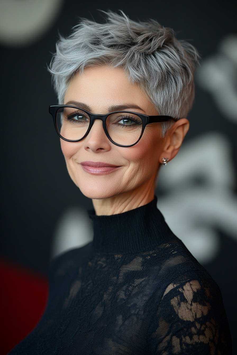6. Elegant Salt and Pepper Crop (Pixie Haircuts For Women Over 50 With Glasses) - Pixie Haircuts For Women Over 50 With Glasses