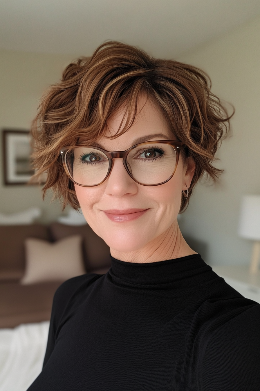7. Tousled Chestnut Pixie (Pixie Haircuts For Women Over 50 With Glasses) - Pixie Haircuts For Women Over 50 With Glasses