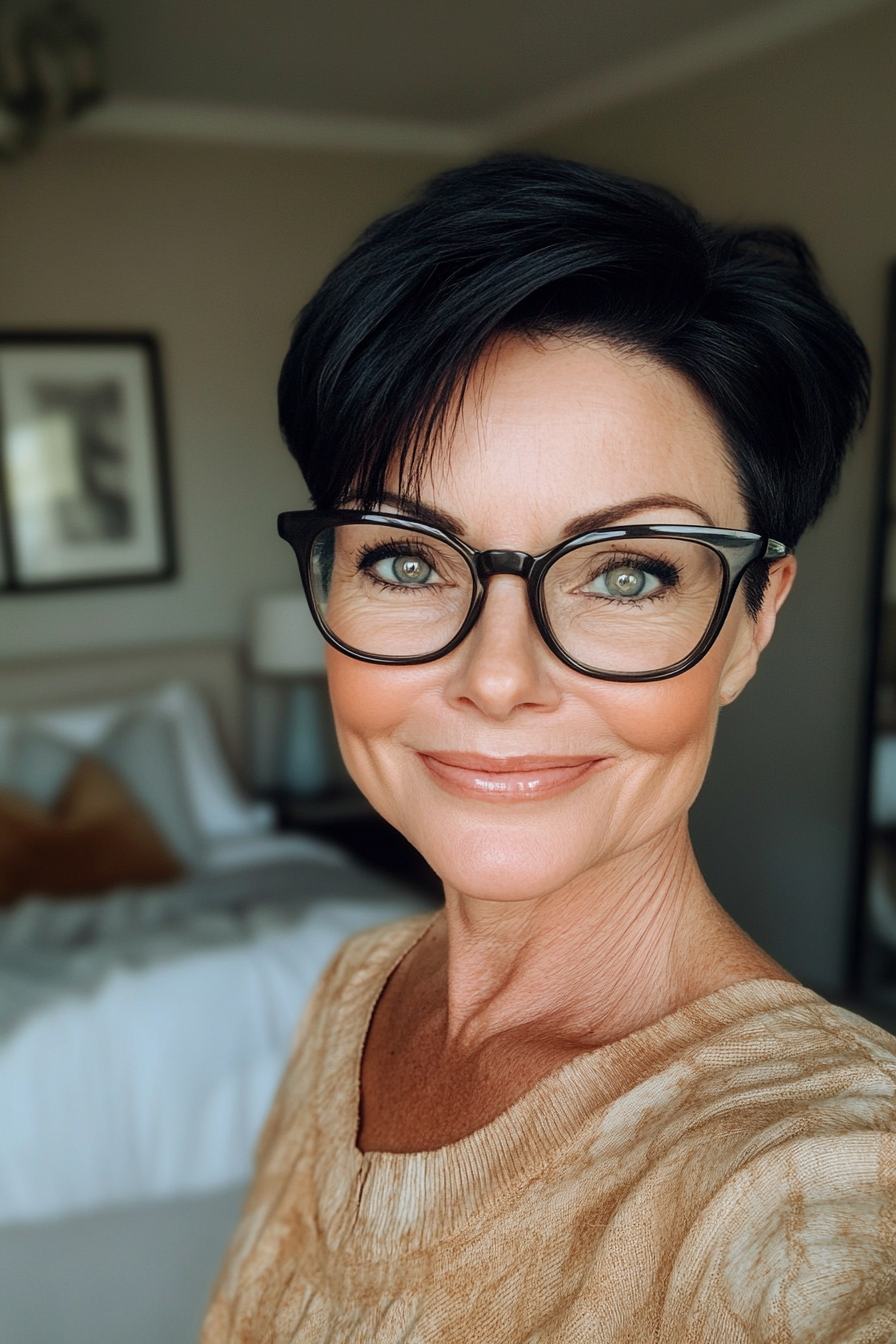8. Sleek Jet Black Pixie (Pixie Haircuts For Women Over 50 With Glasses) - Pixie Haircuts For Women Over 50 With Glasses