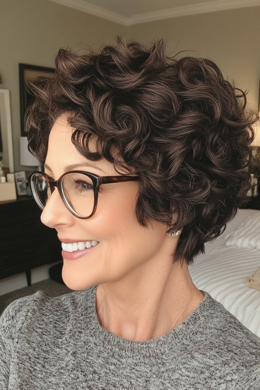 9. Curly Dark Brown Pixie (Pixie Haircuts For Women Over 50 With Glasses) - Pixie Haircuts For Women Over 50 With Glasses